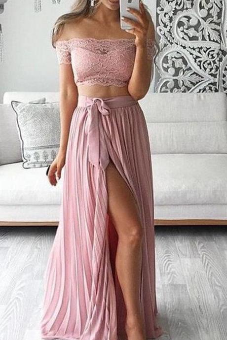 Custom Made Pink Off Shoulder Lace Two-piece Dress With Front High Split Skirt Evening Dress, Wedding Dress, Prom Dress, Cocktail Dresses