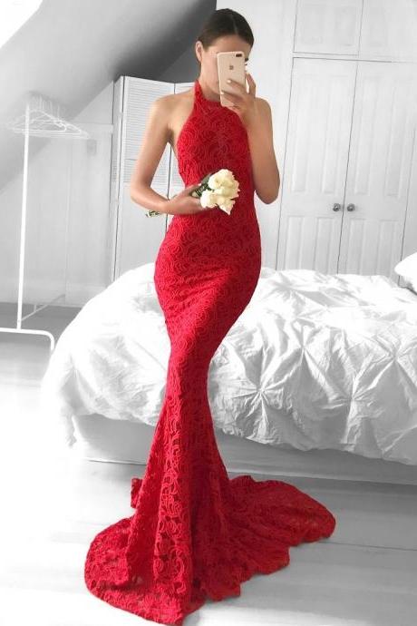 Long Mermaid Style Backless Halter Sleeveless Red Lace Prom Dress