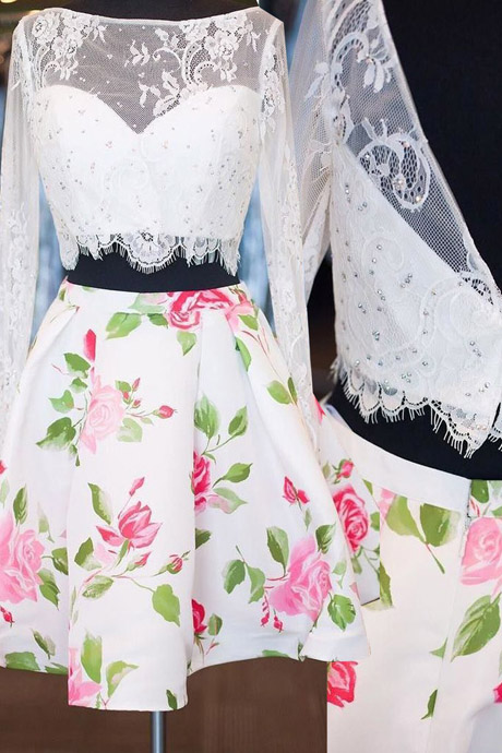 Two-piece Bateau Long Sleeves Above-knee Floral Print Satin White Lace Homecoming Dress With Beading