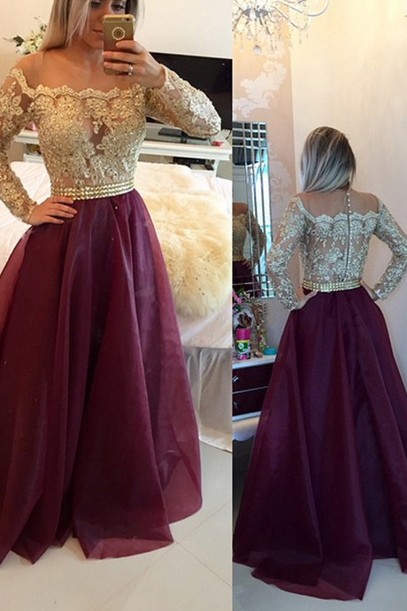 A-line Scoop Long Sleeves Burgundy Prom/evening Dress