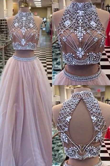 -selling High Neck Champagne Backless Tulle A-line Two Piece Prom Dress With Rhinestone