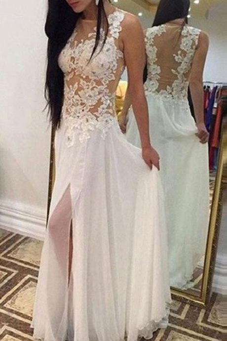 Simple A-line Jewel Sleevess Illusion Back Appliques Long Prom Dress