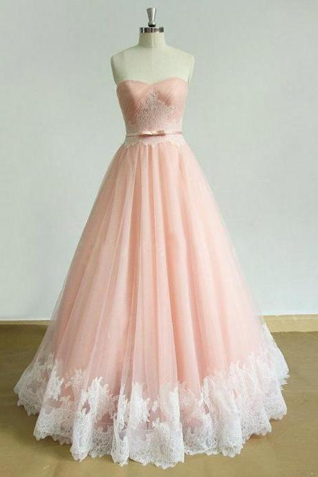 Chic Sweetheart Lace Sweep Train Pink Ruched Prom Dress With Sash