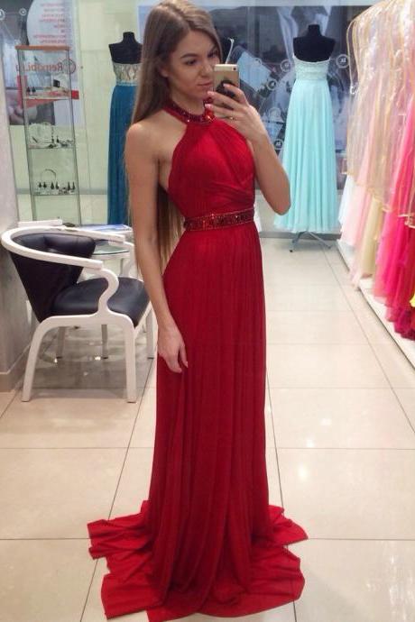 Red Halter Floor-length Pleated Prom Dress With Beading
