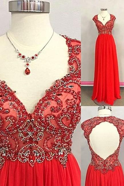 Gorgeous Scoop Cap Sleeves Floor Length Red Prom Dress Open Back With Beading