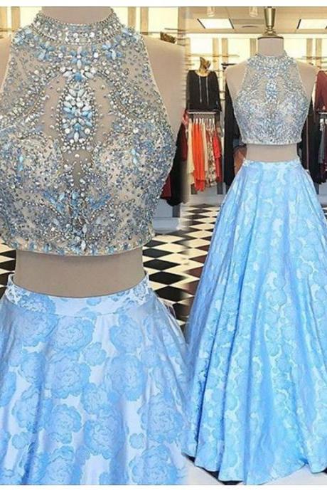 Modern Light Blue High Neck Floor Length Two Piece Prom Dress With Beading