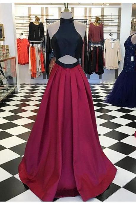 Honorable Burgundy High Neck Keyhole Floor-length A-line Prom Dress With Pleats