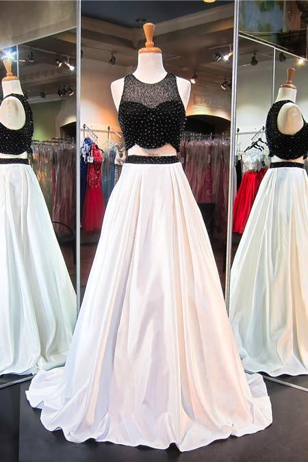 Two Pieces A Line Evening Prom Dresses, Sexy Black And White Party Prom Dress, Custom Long Prom Dress, Party Prom Dress