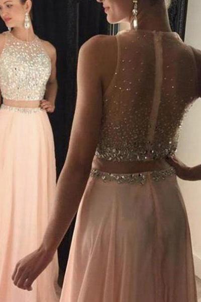 Two Piece Prom Dresses, Pink Prom Dressess, Chiffon Prom Dresses , Prom Dresses