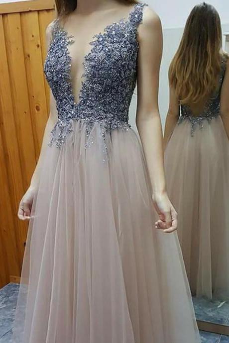 Stunning Prom Dress Backless Prom Gowns Long Tulle Evening Gowns