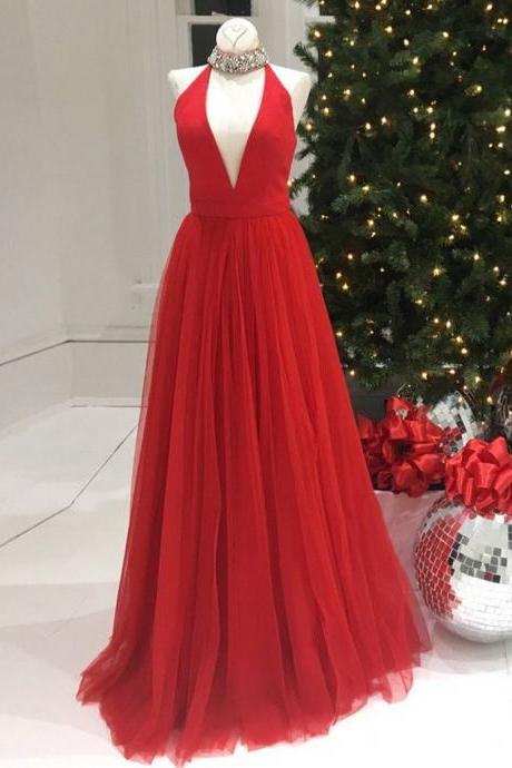 Charming Halter Sleeveless Floor Length Red Prom Dress With Beading
