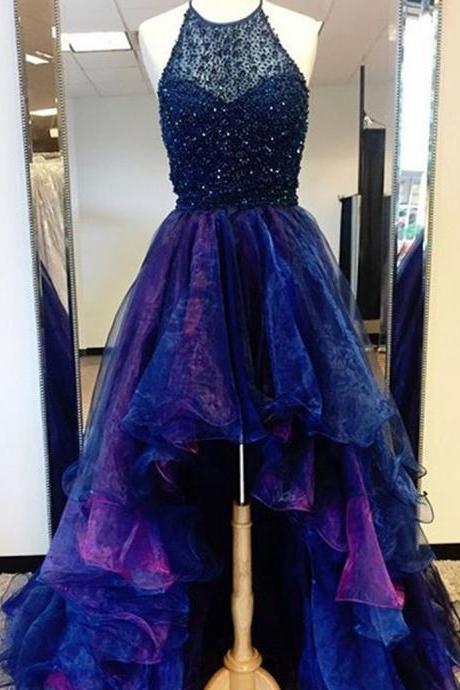 Glamorous Halter Sleeveless High Low Tiered Royal Blue Prom Dress With Beading