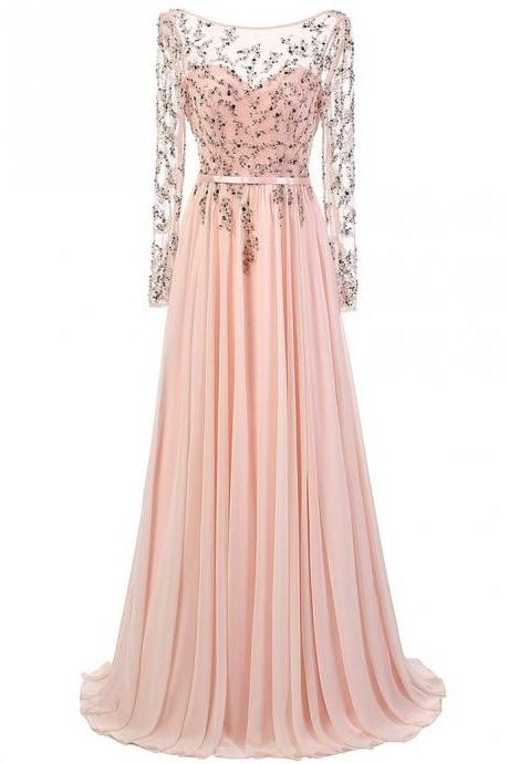 Pink Floor Length A-line Pleated Prom Dress Featuring Sweetheart Illusion Sheer Long Sleeve Bodice With Beaded