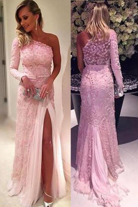 Stylish One Shoulder Long Sleeve Sweep Train Pink Lace Prom Dress With Leg Slit