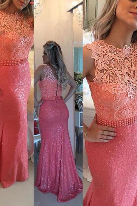 Stunning Mermaid Sweep Train Sequined Coral Prom Dress With Lace Top Beading