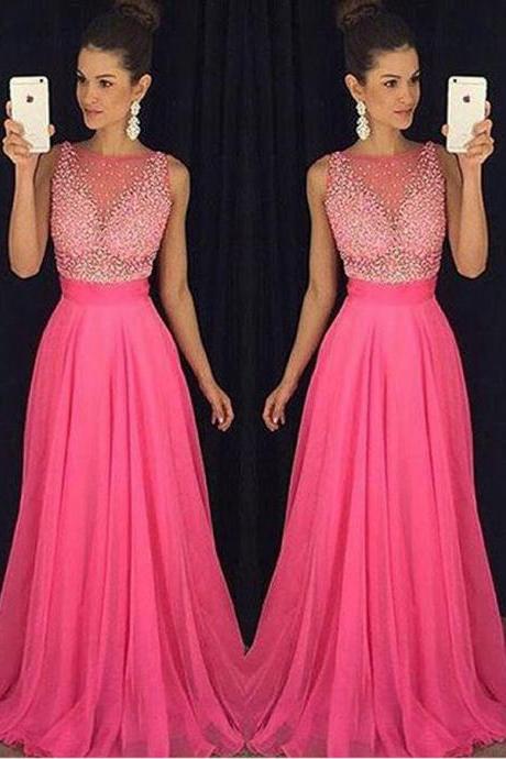 Chic Bateau Sleeveless Long Rose Pink Prom Dress With Beading Illusion Back