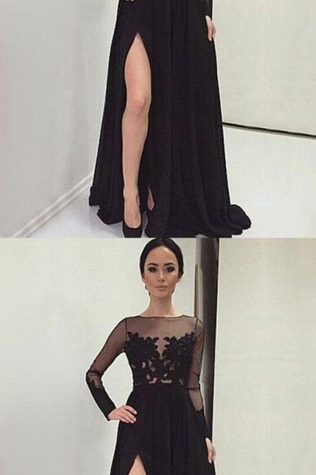 Unique A-line Scoop Neck Chiffon Tulle Sweep Train Appliques Lace Black Long Sleeve Prom Dresses M0004