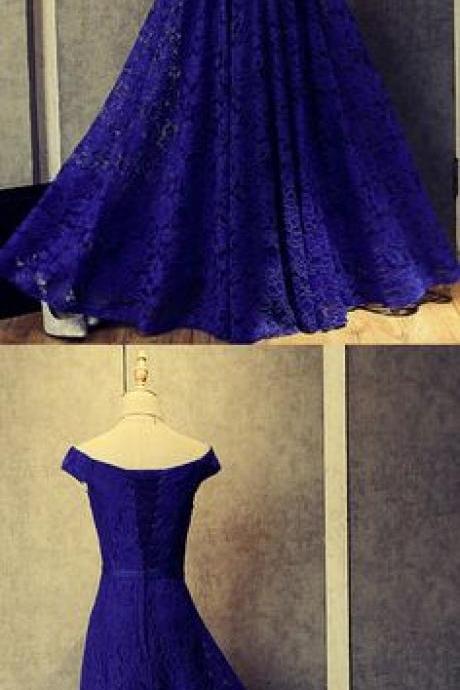 Royal Blue A Line Floor Length Off Shoulder Lace Up Hollow Prom Dress,formal Dress M0005