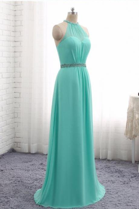 Beaded Embellished Chiffon High Halter Neck Floor Length A-line Formal Dress, Prom Dress