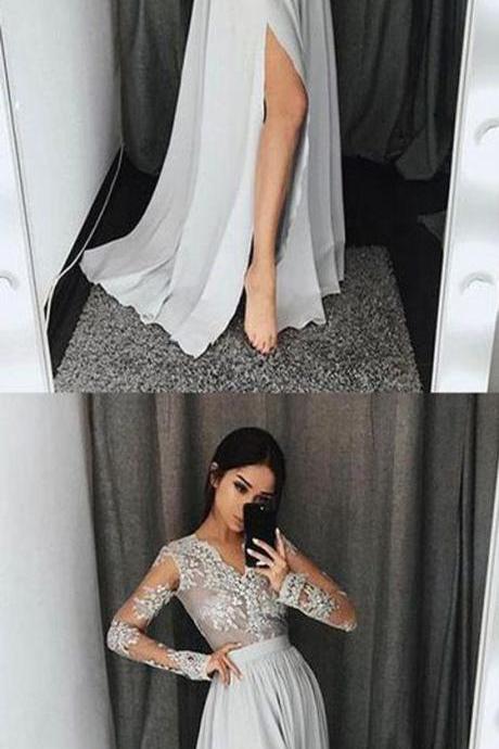 Long Sleeves V Neck Side Split Sexy Silver Long Prom Dresses, M0016