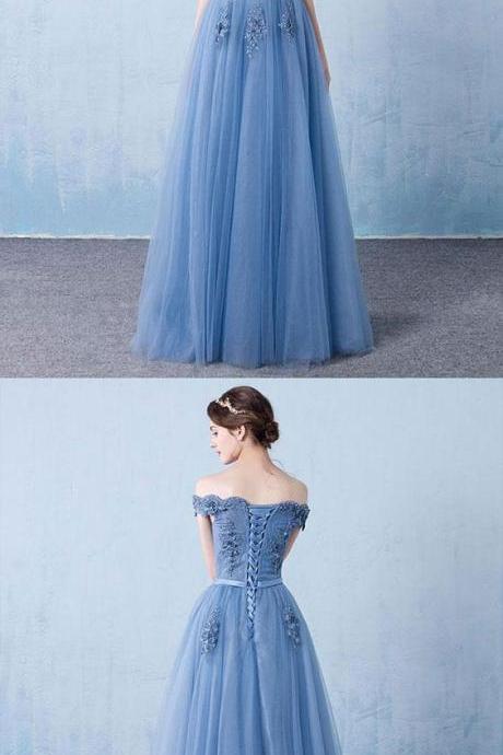 Blue Tulle Lace Off Shoulder Long Prom Dress, Bridesmaid Dress, M00020