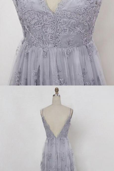 Sheath Spaghetti Straps Sweep Train Backless Lavender Tulle Prom Dress With Appliques, M00021
