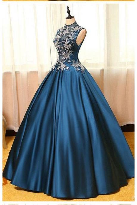 High Neck Sleeveless Appliques Long Prom Dresses, Floor Length Blue Prom Dresses M00022