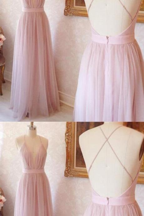 Pink Prom Dresses, Long Prom Dresses, A-line V-neck Long Pink With Criss Cross Back Prom Dress Evening Dress M00023