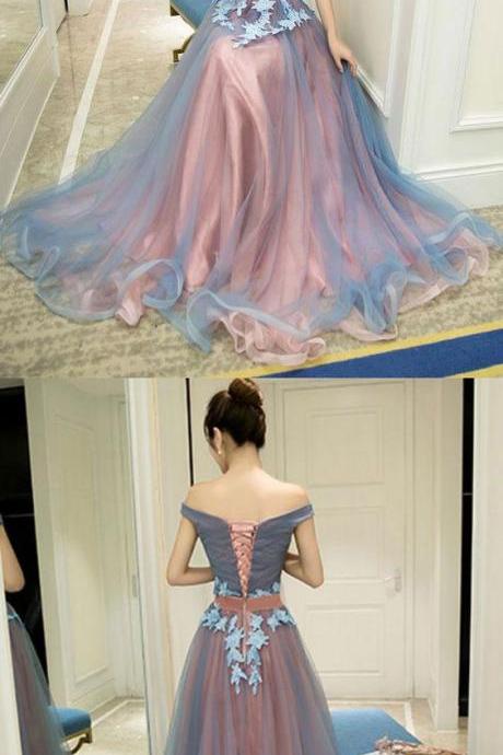Gray Blue Tulle Off Shoulder Long Prom Dress, Gray Blue Evening Dress M00032