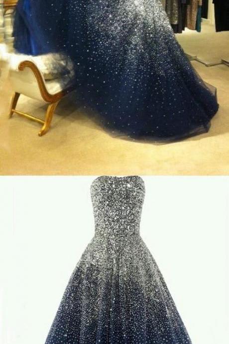 Ball Gown Strapless Floor Length Tulle Navy Blue Prom/evening Dress With Beading M00034