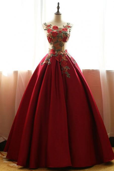 Red Chiffon Satins Rose Applique Round Neck A-line Long Prom Dresses,ball Gown Dresses M00041