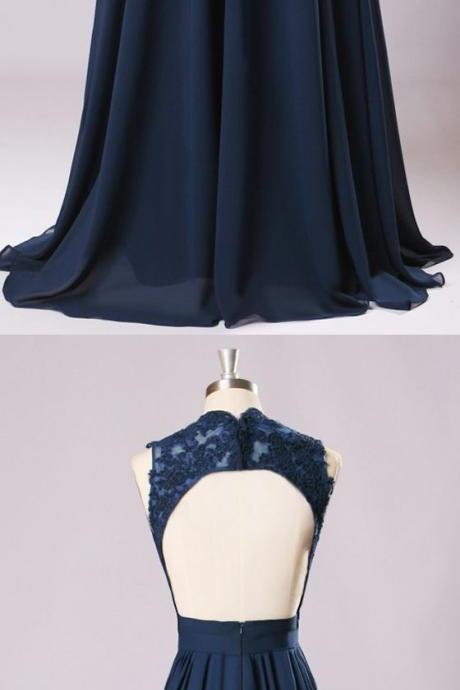 Long Bridesmaid Dresses Navy Blue Chiffon Wedding Party Gown,off-shoulder Maid Of Honor Long Prom Gown M00048