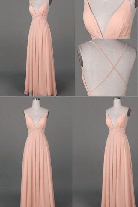 Simple Long Prom Dress,simple A-line V-neck Long Prom Dress With Criss Cross Back Evening Gown, M00055