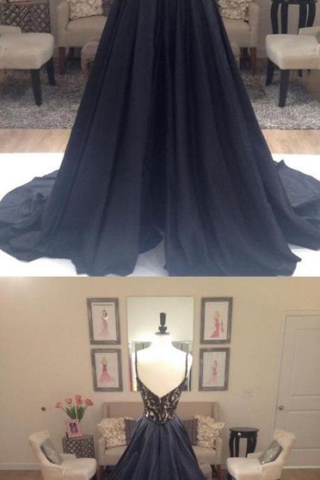 Black A-line Elegant Deep V-neck Prom Dresses, Black Long Evening Party Dresses, Long Prom Dress,prom Dresses Online, M00066