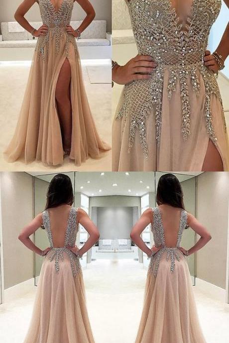 A-line Deep V-neck Sweep Train Sleeveless Pink Tulle Prom Dress With Beading,m00085