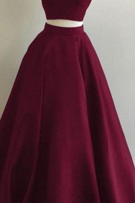 Burgundy Two-piece Prom Dresses Straps Sleeveless Puffy A-line Evening Gowns,m00087