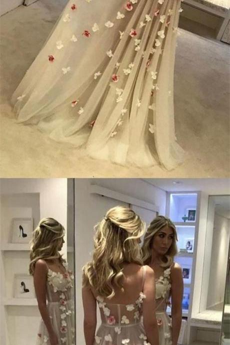 Beautiful A-line Floor-length Flower Prom Dresses,Sexy White Evening Dress,M00098
