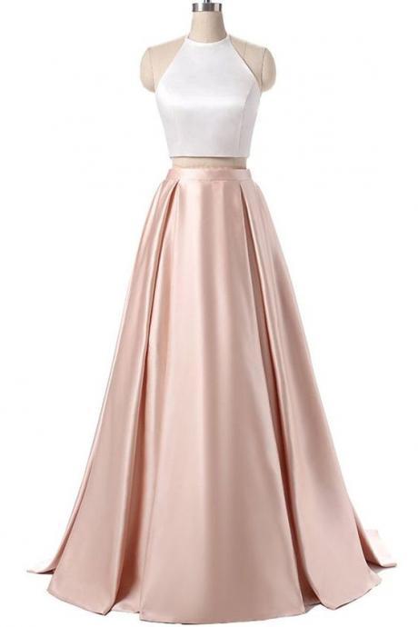 Elegant Satins Two Pieces Halter Simple Long Dress For Prom M000104