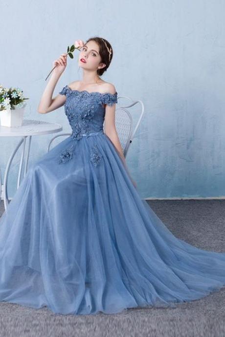 Blue Tulle Lace Off Shoulder Long Prom Dress, Bridesmaid Dress M000107