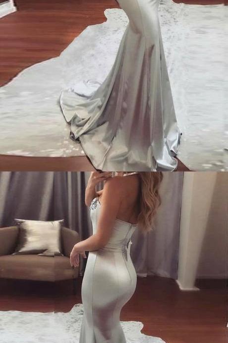 Mermaid Sweetheart Sweep Train Silver Elastic Satin Prom Dress With Beading M000110