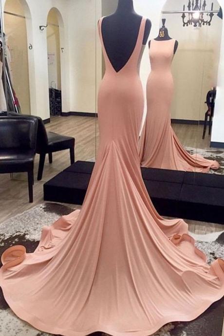 Elegant Backless Blush Pink Mermaid Long Evening Prom Dresses M000112