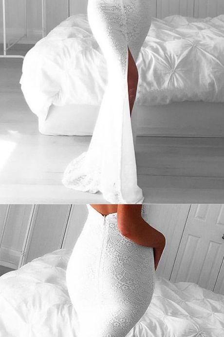 Backless Front-split Lace White Sleeveless V-neck Mermaid Modest Prom Dress M000117