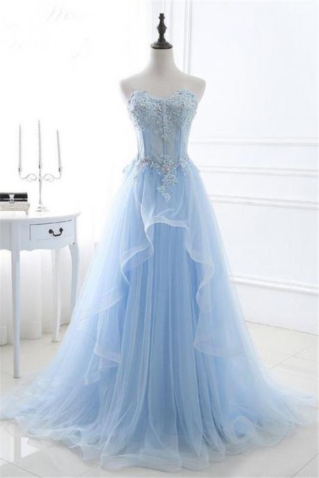 A Line Sweetheart Corset Light Blue Tulle Ruffle Applique Beaded Prom Dress M000123