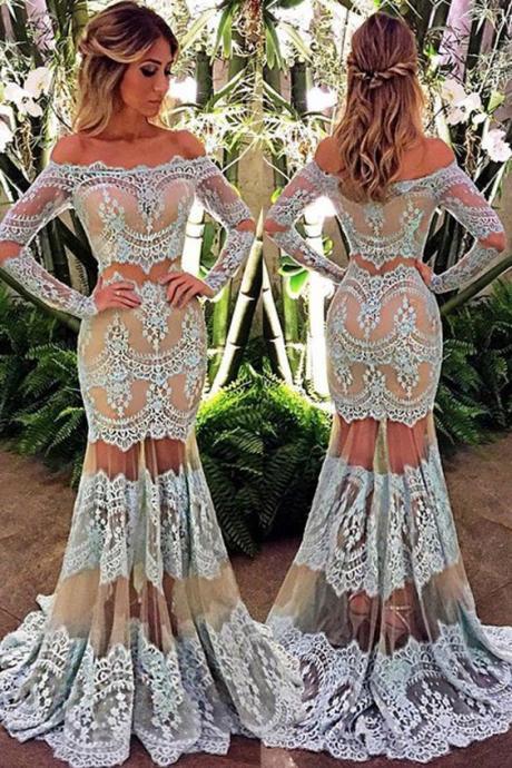 Elegant Off The Shoulder Long Sleeves Floor-length Turquoise Lace Prom Dress M000125