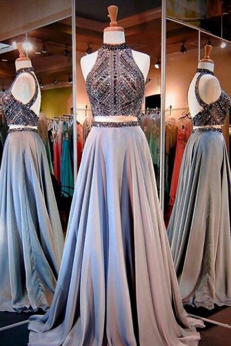 Glamorous Two Piece High Neck Open Back Long Prom Dress With Beading M000132