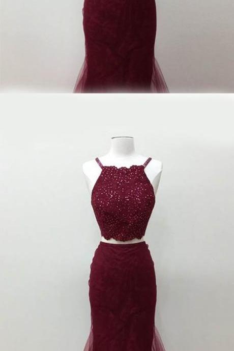 Burgundy Mermaid Lace Square Sweep Train Two Piece Beading Prom Dress M000146