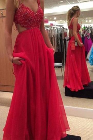 Spaghetti Strap Red Prom Gown,chiffon Backless Formal Gown,beadind Prom Dress,,m000151