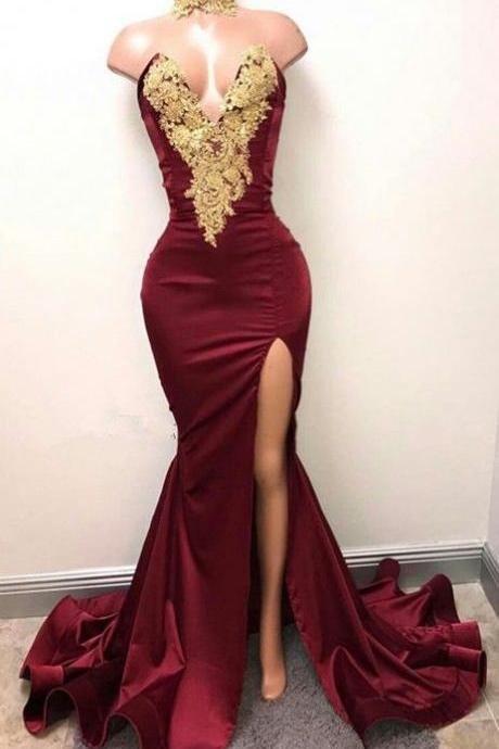 Gorgeous Burgundy Mermaid Prom Dresses Gold Lace Appliques Side Slit Evening Gowns M000171