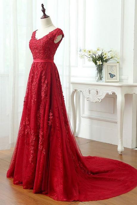 Red Lace Tulle Long Prom Dress, Red Lace Evening Dress, M000174