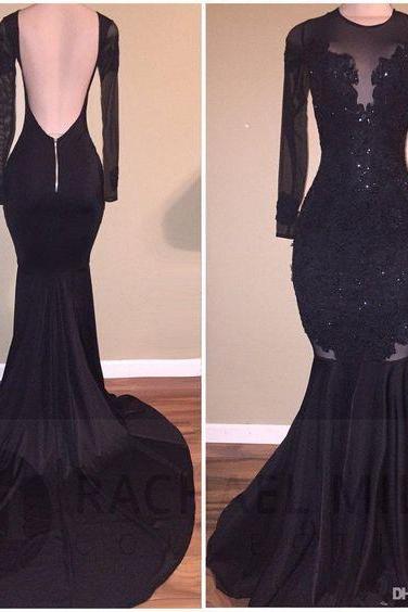 Open Back Black Glitter Lace Mermaid Prom Dress With Long Sleeves, M000176